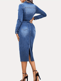 hoombox Blue Long Sleeves Denim Dress, Slim Fit Single Breasted Button Split Denim Dress, Women's Denim Clothing