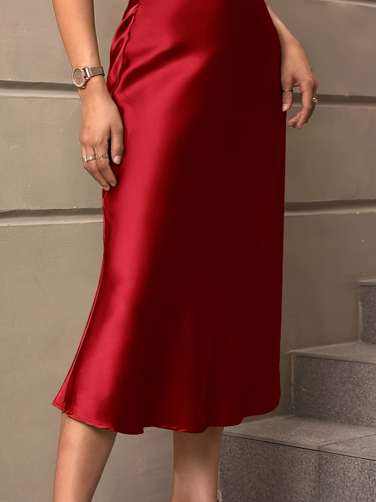 Solid High Waist Bodycon Skirt, Elegant Ruffle Hem Midi Skirt, Women's Clothing