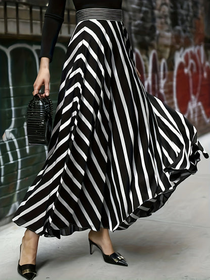 Plus Size Elegant Skirt, Women's Plus Stripe Print High Rise Swing A-line Maxi Skirt
