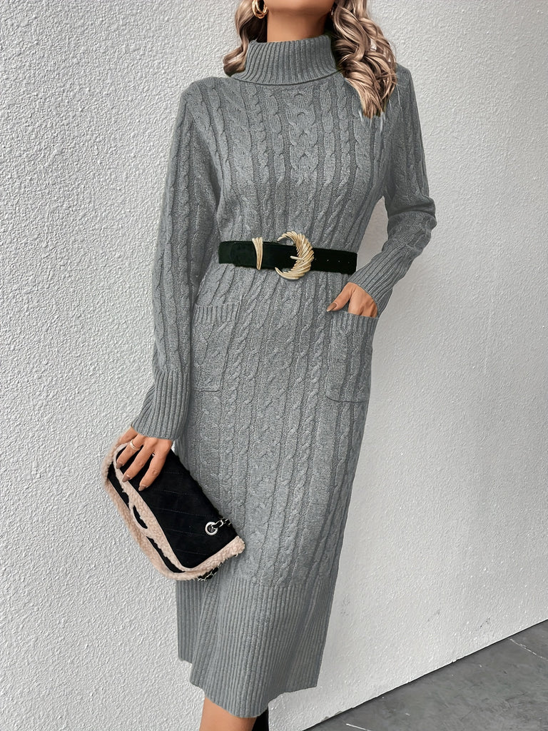 hoombox Turtleneck Cable Knit Sweater Dress, Elegant Solid Long Sleeve Dress With Pockets, Women's Clothing