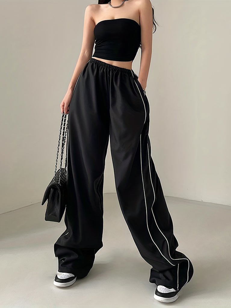 hoombox  Contrast Trim Drawstring Pants, Casual Loose Elastic Waist Pants For Spring & Fall, Women's Clothing