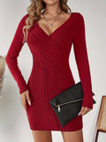 hoombox Solid Ribbed Bodycon Dress, Party Wear V Neck Long Sleeve Dress, Women's Clothing