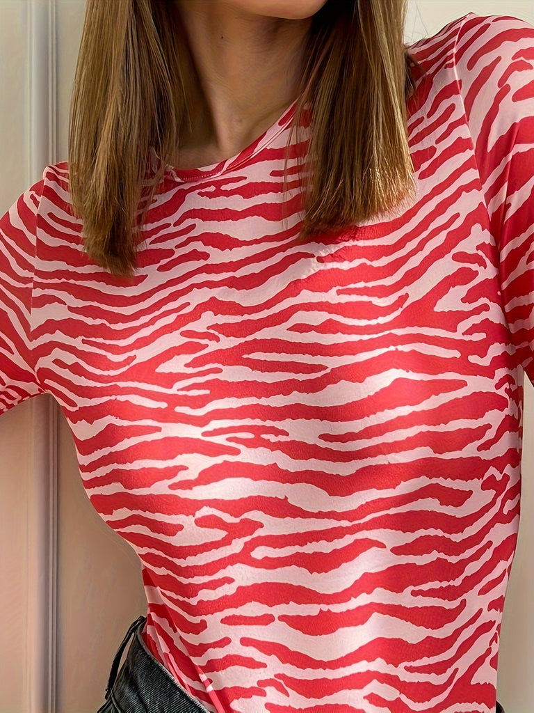 hoombox Zebra Print Crew Neck T-Shirt, Versatile Long Sleeve Slim T-Shirt For Spring & Fall, Women's Clothing