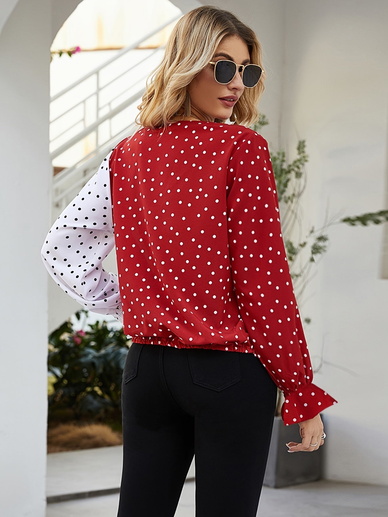 Polka Dot Print Color Block Blouse, Casual V Neck Long Sleeve Blouse, Women's Clothing
