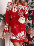 hoombox Christmas Snowflake Print Skew Neck Dress, Casual Long Sleeve Dress, Women's Clothing