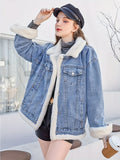 hoombox Fleece Liner Lapel Denim Jacket, Keep Warm Flap Pockets Casual Denim Coat, Women's Denim Clothing