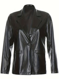 hoombox PU Leathet Lapel Denim Coat, Long Sleeves Elegant Denim Jacket, Women's Denim Clothing