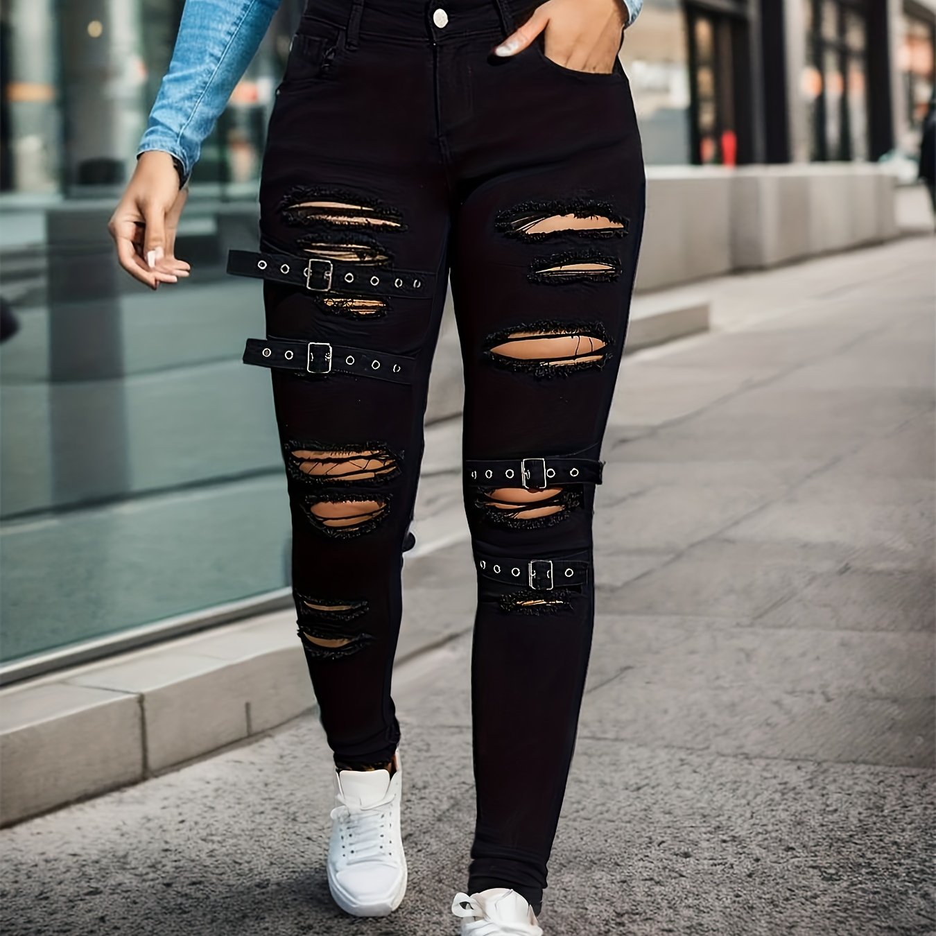 Ripped Grommet Buckle Detail Skinny Jeans, Solid Black High Strech Eye-catching Denim Pants, Women's Denim Jeans & Clothing
