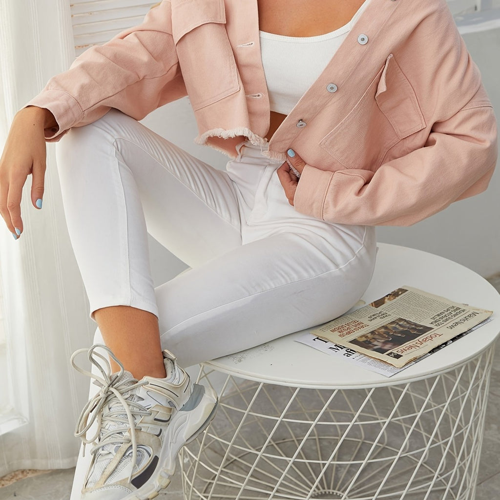 hoombox  Pink Raw Hem Denim Jackets, Long Sleeves Single-Breasted Button Loose Fit Lapel Denim Coats, Women's Denim Clothing