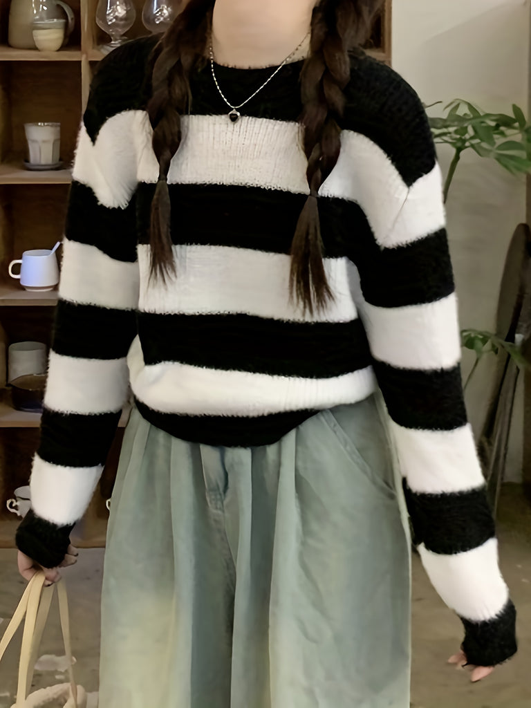 hoombox  Striped Knit Crew Neck Sweater, Casual Long Sleeve Drop Shoulder Sweater, Women's Clothing