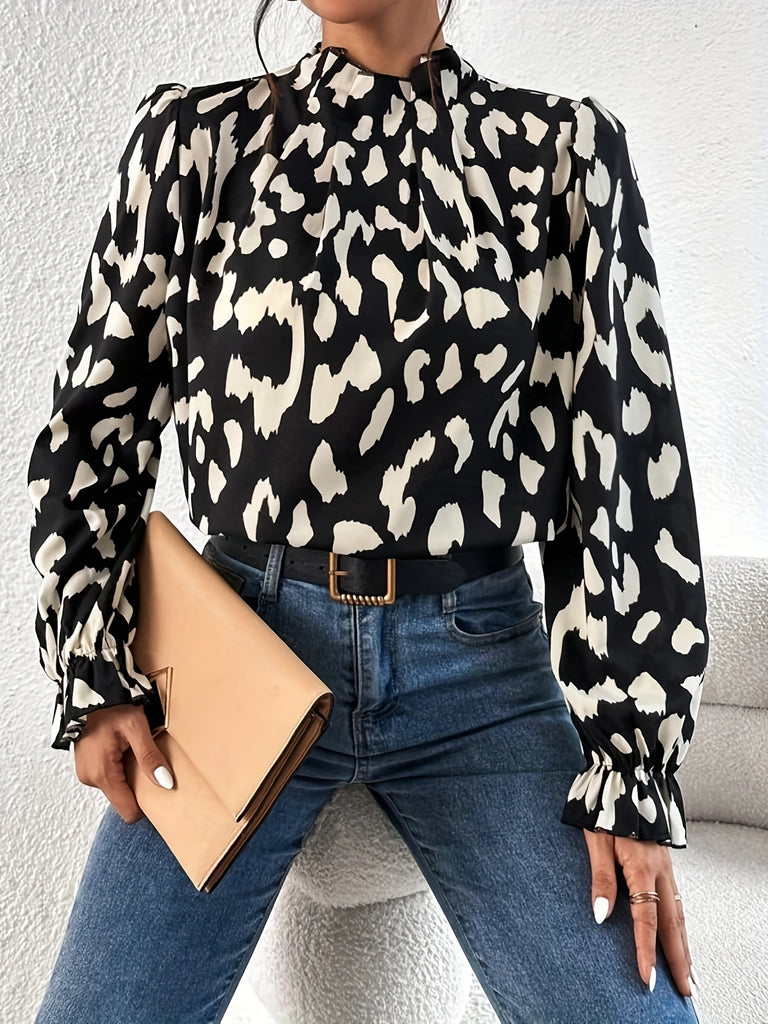 hoombox Leopard Print Keyhole Blouse, Casual High Neck Long Sleeve Blouse, Women's Clothing