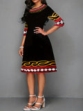 hoombox Geo Print 3/4 Sleeve Dress, Elegant Crew Neck Knee Length Dress, Women's Clothing