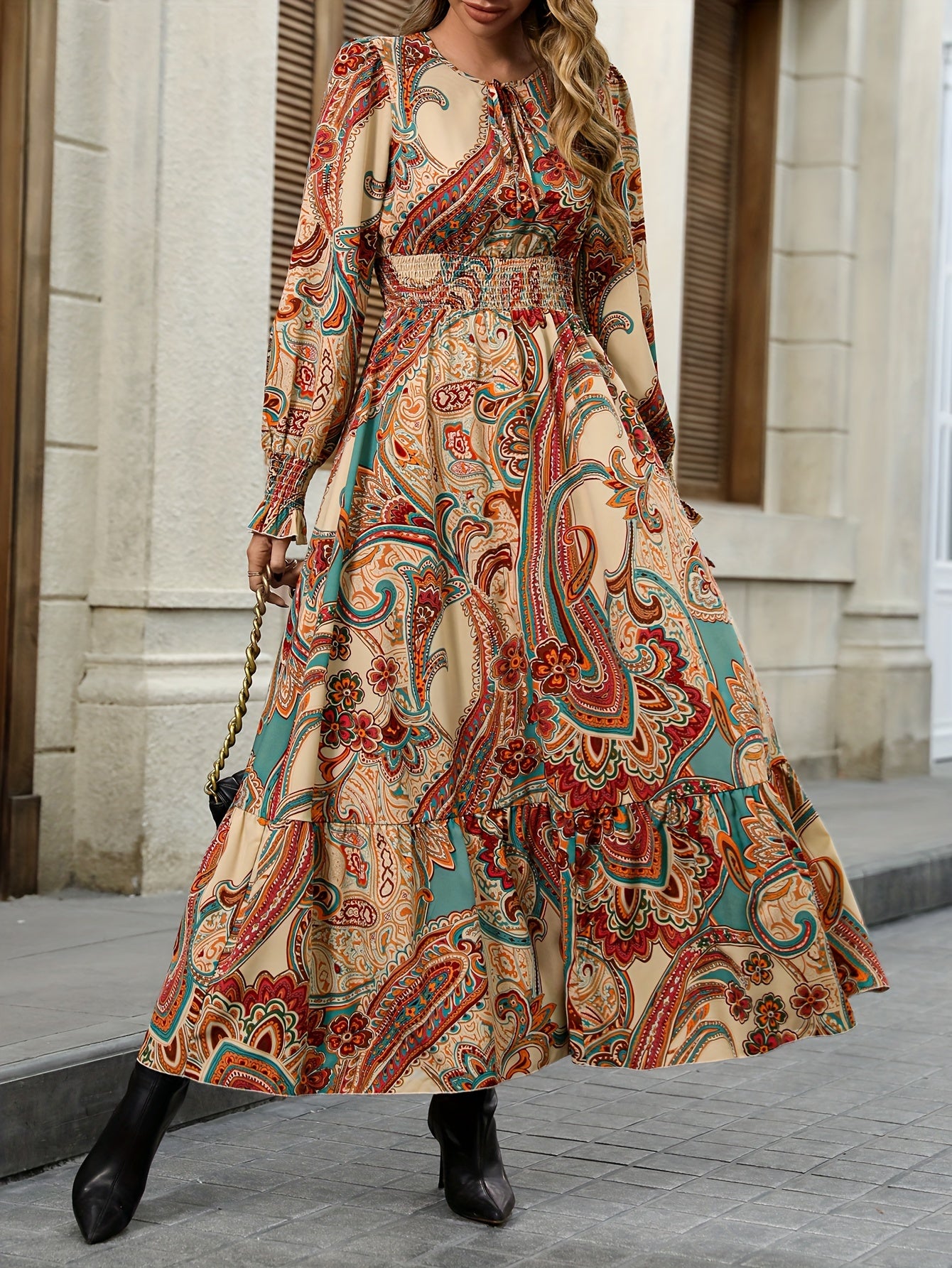 Paisley Print Shirred Waist Dress, Boho Elegant Long Sleeve Maxi Dress, Women's Clothing