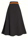 Plus Size Elegant Skirt, Women's Plus Solid Button Detail A-line High Rise Maxi Skirt