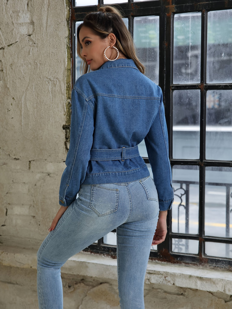 hoombox Blue Long Sleeves Denim Coats, Single Breasted Button With Waistband Lapel Denim Coats, Women's Denim Clothing