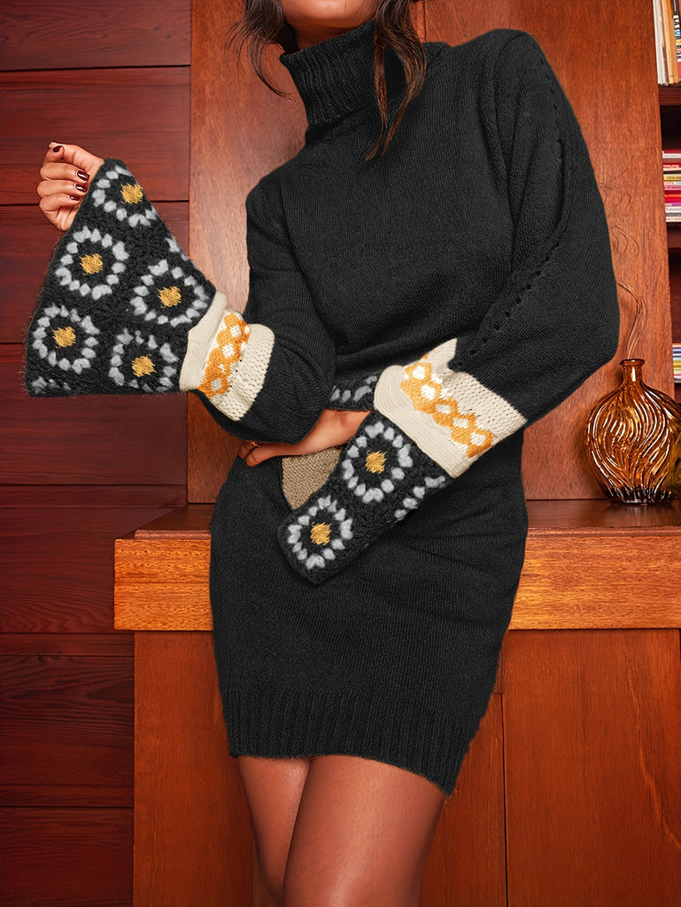 Hippie Patchwork Turtleneck Knitted Sweater Dress, Casual Flared Cuff Long Sleeve Dress, Women's Clothing
