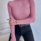 hoombox Beaded Cut Out Turtle Neck Pullover Sweater, Elegant Long Sleeve Slim Rib Knit Sweater, Women's Clothing