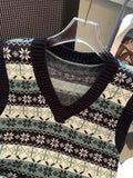 Allover Print V Neck Vest, Preppy Contrast Trim Sleeveless Sweater For Fall & Winter, Women's Clothing