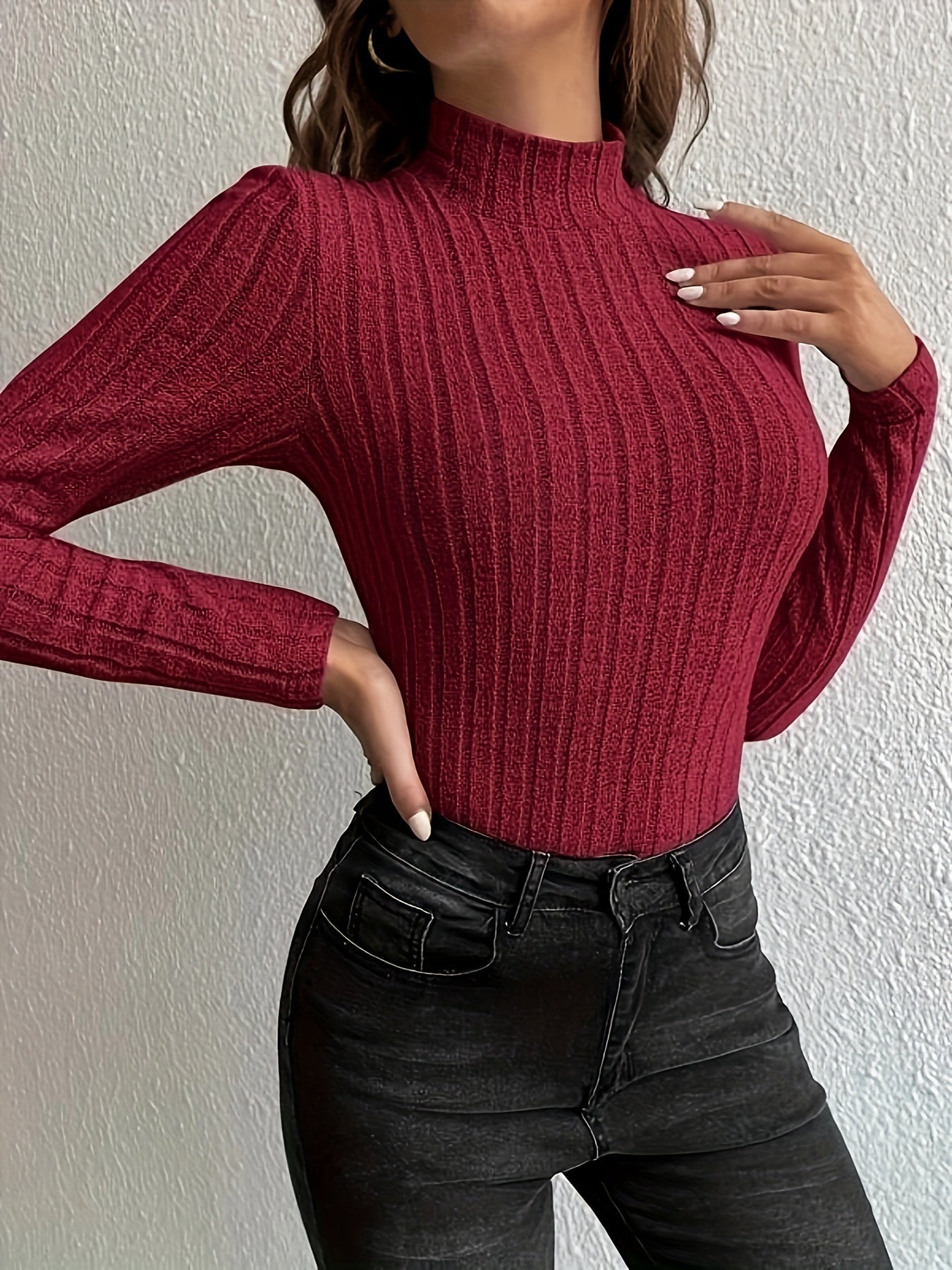 Solid Turtleneck Knit Top, Elegant Slim Long Sleeve Sweater For Spring & Fall, Women's Clothing