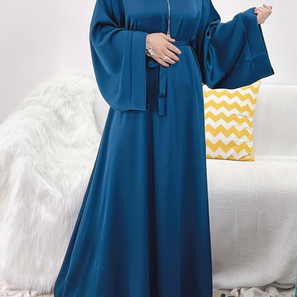 hoombox Solid Belted Abaya Kaftan Dress, Elegant Ankle Length Long Sleeve Dress, Women's Clothing