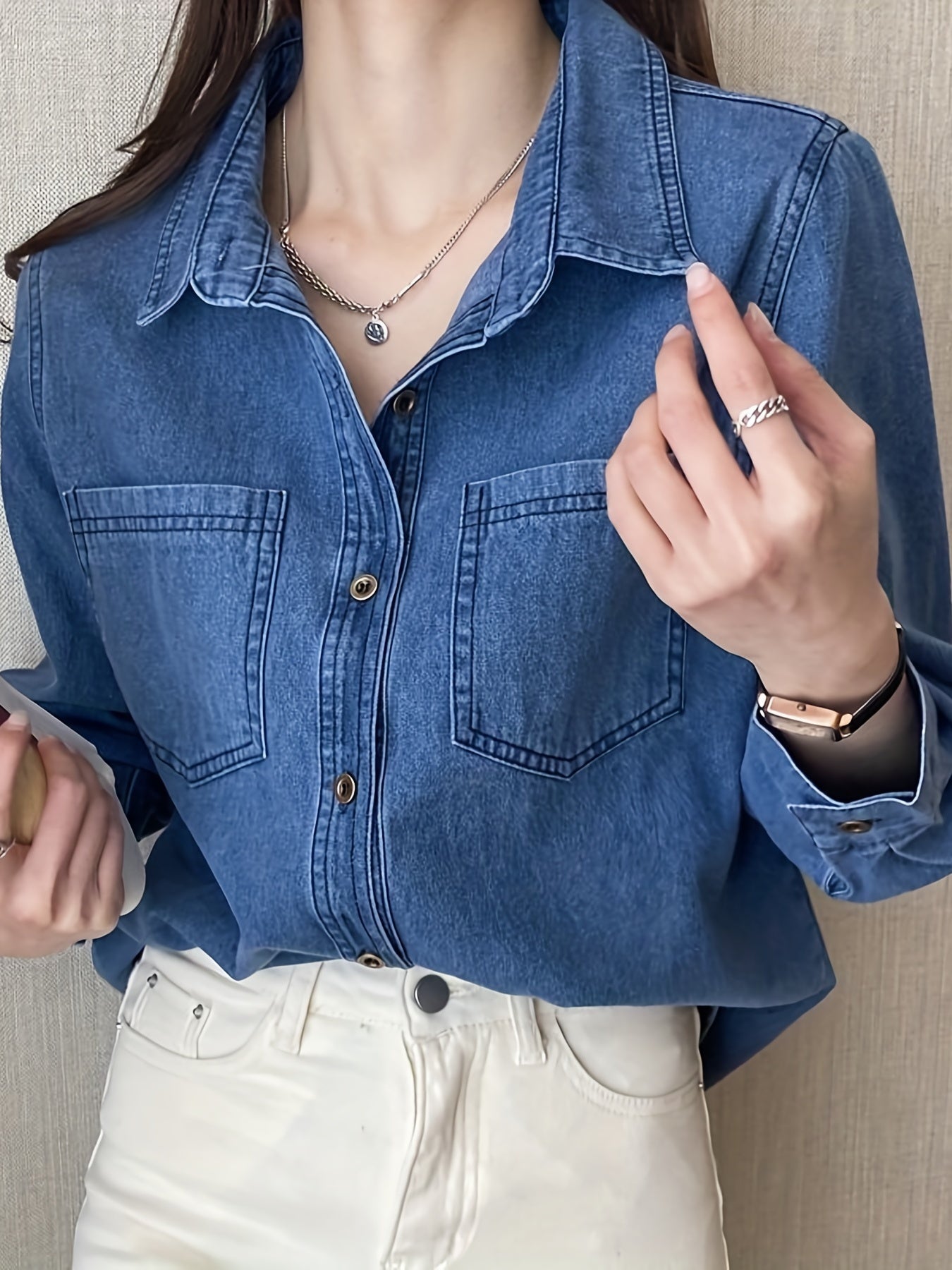 Blue Loose Fit Lapel Denim Shirt, Long Sleeves Patch Pockets Casual Denim Shirt, Women's Denim Clothing