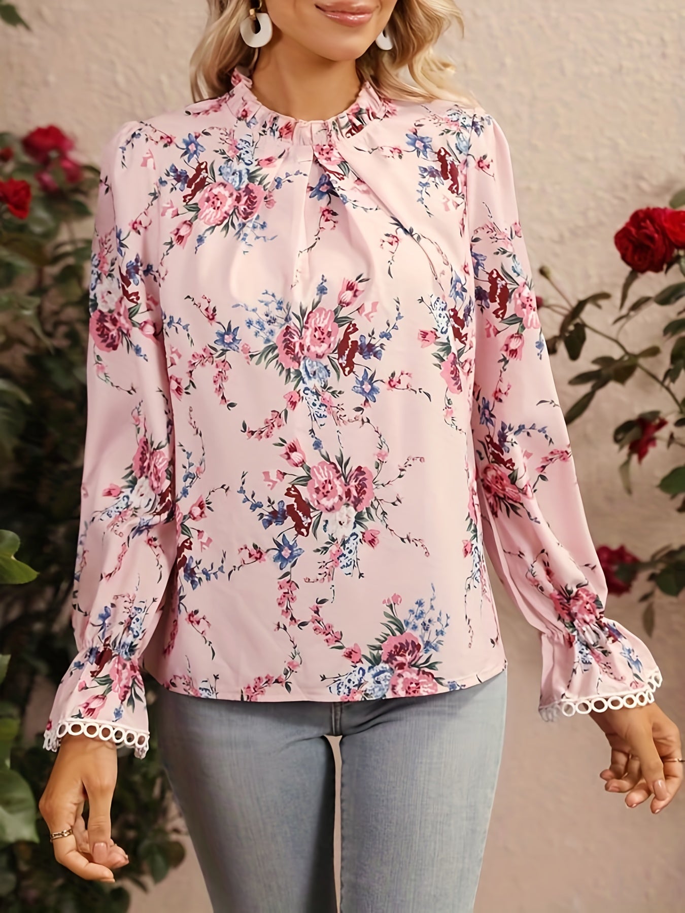Floral Print Crochet Trim Blouse, Casual Long Sleeve Blouse For Spring & Fall, Women's Clothing