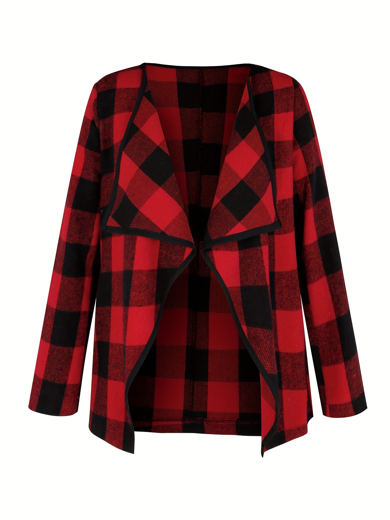 Plaid Print Open Front Jacket, Versatile Long Sleeve Lapel Jacket For Spring & Fall, Women's Clothing