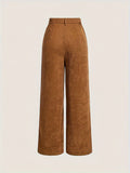 Solid Corduroy Straight Leg Pants, Vintage Patched Pocket Loose Pants, Women's Clothing