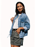hoombox Blue Long Sleeve Denim Coats, Flap Pockets Single Breasted Button Casual Denim Jackets, Women's Denim Clothing