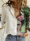 Plus Size Casual Top, Women's Plus Cartoon Girl & Floral Print Colorblock Long Sleeve Round Neck Slight Stretch Top