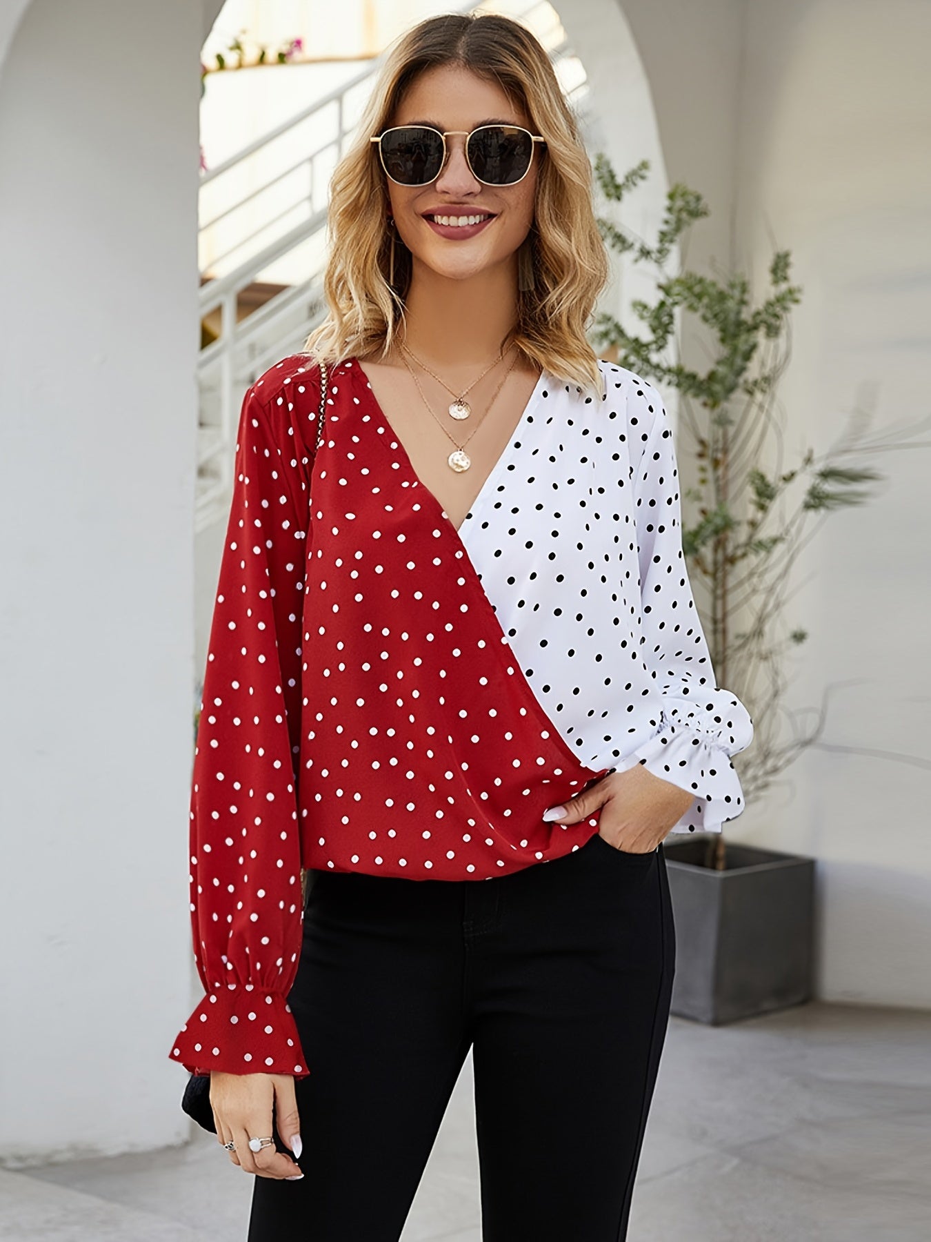 Polka Dot Print Color Block Blouse, Casual V Neck Long Sleeve Blouse, Women's Clothing