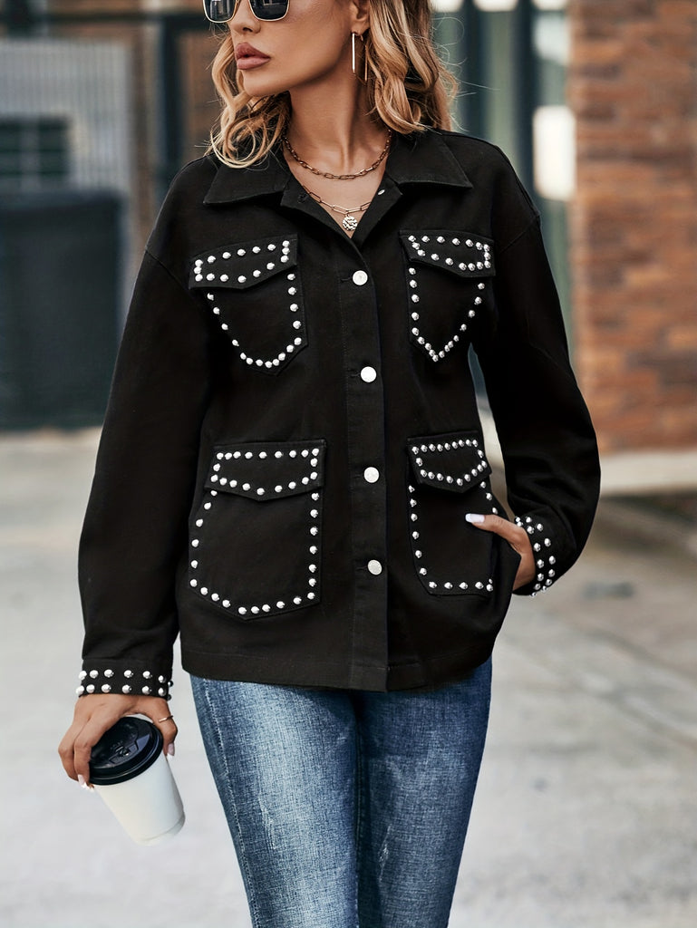 hoombox  Black Studded Decor Denim Jackets, Long Sleeves Flap Pockets Lapel Denim Coats, Women's Denim Clothing