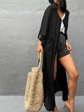 hoombox Black V Neck Cover Up Robes, Non-Stretch Loose Fit Semi-Sheer Beachwear Kimono, Women's Swimwear & Clothing