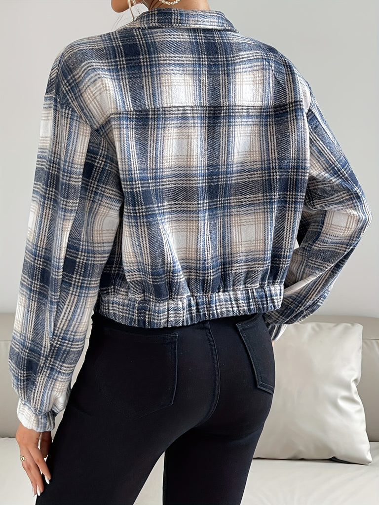 Zip Front Plaid Lapel Jacket, Casual Flap Pockets Long Sleeve Jacket For Fall & Winter, Women's Clothing