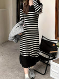 hoombox  Stripe Print Long Sleeve Knit Dress, Casual Crew Neck Mid Calf Dress, Women's Clothing