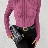 hoombox Long Sleeve Ribbed Knit T-Shirt, High Neck Elegant Casual Top For Fall & Spring, Women's Clothing