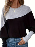 Color Block Long Sleeve Casual Top, Round Neck Sports Loose Thin Sweatshirt, Women's Clothing
