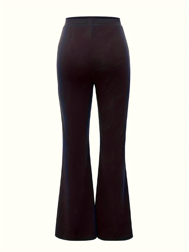 Solid High Waist Elastic Long Length Pants, Slim Stylish Elegant Wide Leg Pants, Women's Clothing