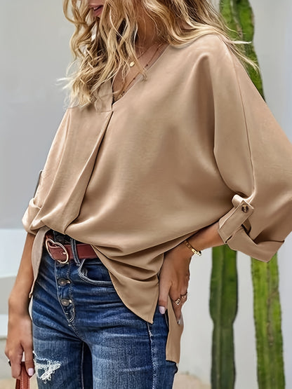 Solid Roll Tab Sleeve Blouse, Casual V Neck Blouse For Spring & Fall, Women's Clothing