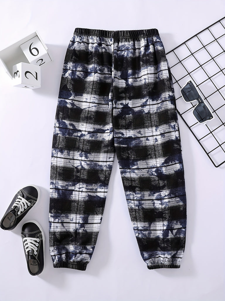 Stylish Boys Tie Dye Casual Plaid Soft Comfortable Long Pants For Spring And Autumn Kids Clothes Outdoor
