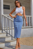 Single-breasted Split High Waist Denim Skirt, Elegant Button Front Long Denim Skirt, Women's Denim Jeans & Clothing