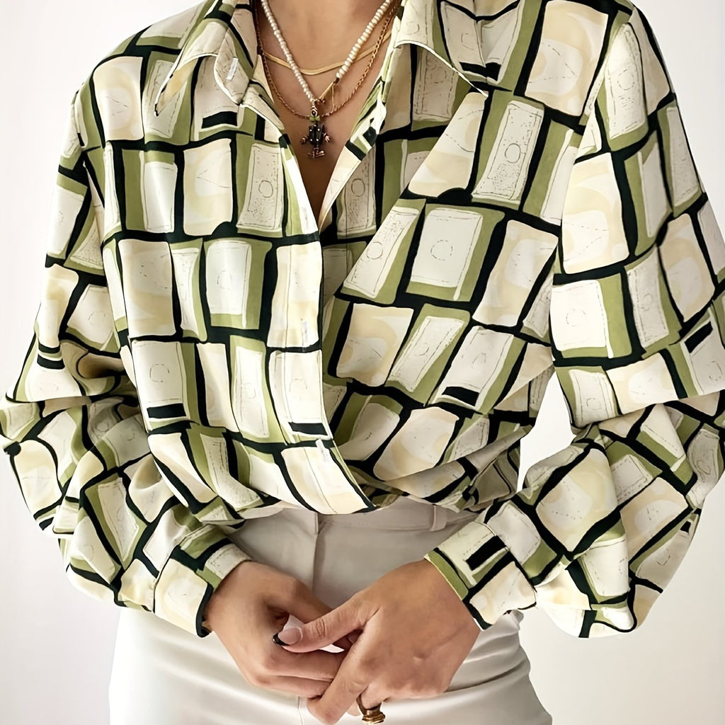 Plus Size Casual Blouse, Women's Plus Geometric Print Button Up Long Sleeve Turn Down Collar Blouse