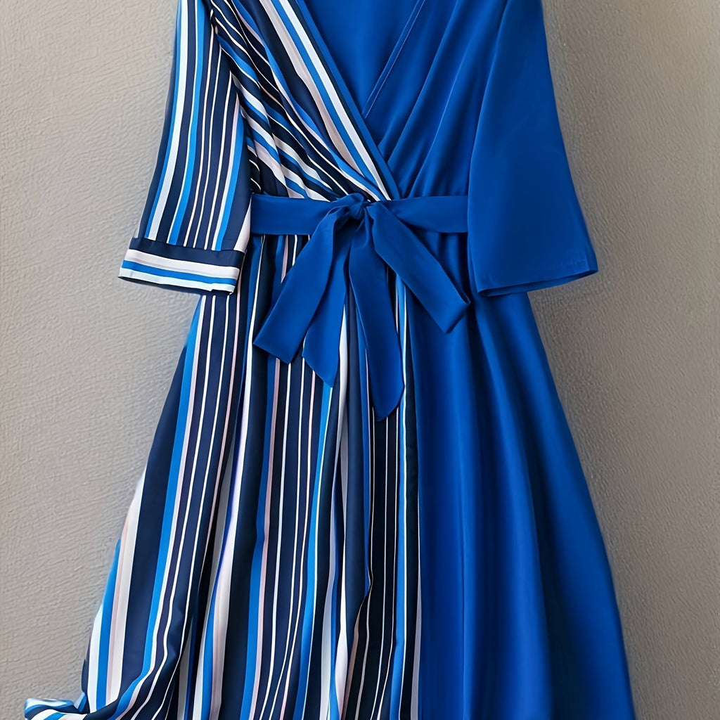 hoombox Plus Size Casual Dress, Women's Plus Colorblock Stripe Print Long Sleeve Surplice Neck Dress With Belt