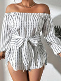 hoombox Plus Size Casual Top, Women's Plus Stripe Print Long Sleeve Off Shoulder Belted Peplum Top