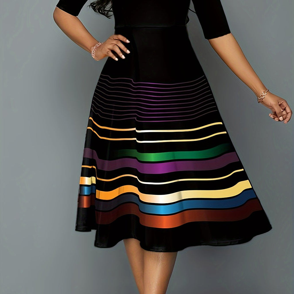 hoombox Plus Size Casual Dress, Women's Plus Colorblock Stripe Print Short Sleeve Round Neck Midi Dress