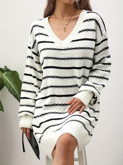 Striped Pattern Drop Shoulder Dress, Casual V Neck Long Sleeve Dress, Women's Clothing