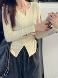 hoombox  Button Decor Notch Neck Sweater, Chic Long Sleeve Split Hem Top, Women's Clothing