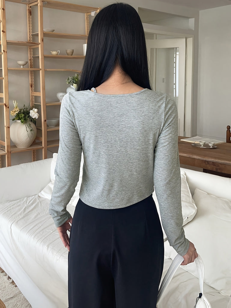 hoombox  Solid Asymmetric Neck T-Shirt, Stylish Long Sleeve Split Hem Top For Spring & Fall, Women's Clothing