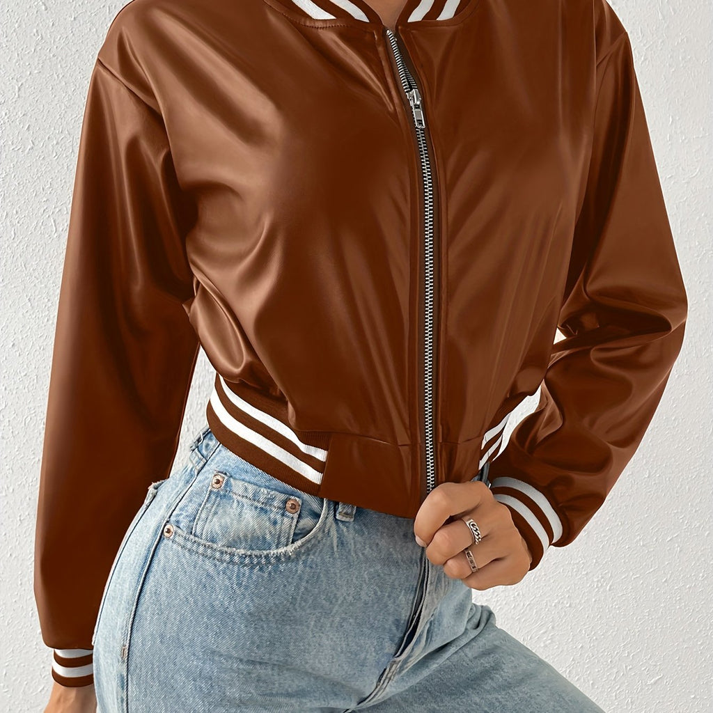 Faux Leather Crop Jacket, Y2K Zip Front Long Sleeve Jacket For Fall & Winter, Women's Clothing