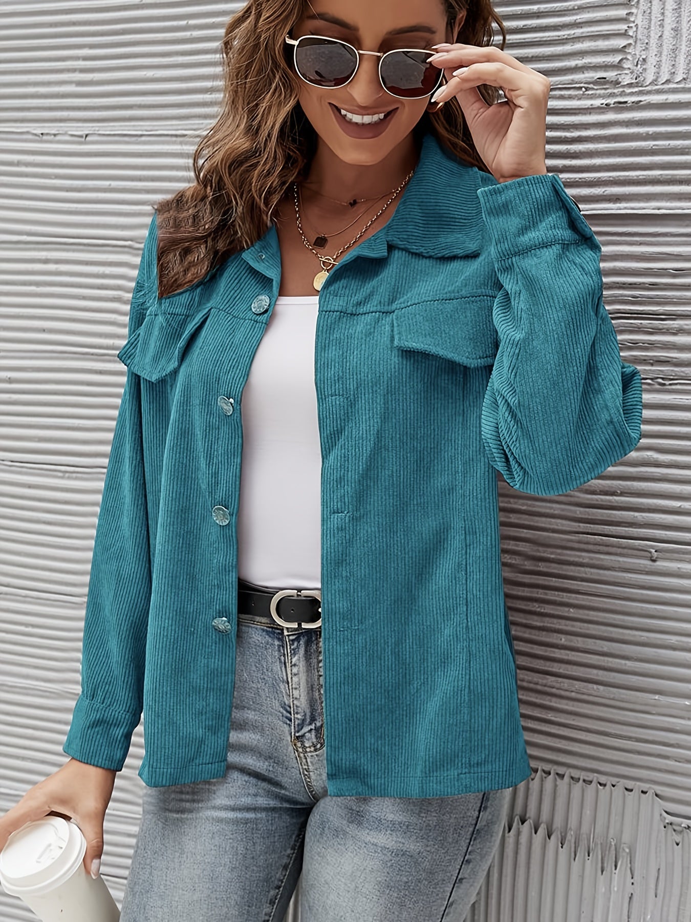 Solid Fake Pockets Button Long Sleeve Lapel Jacket, Casual Loose Single Layer Fashion Outerwear, Women's Clothing
